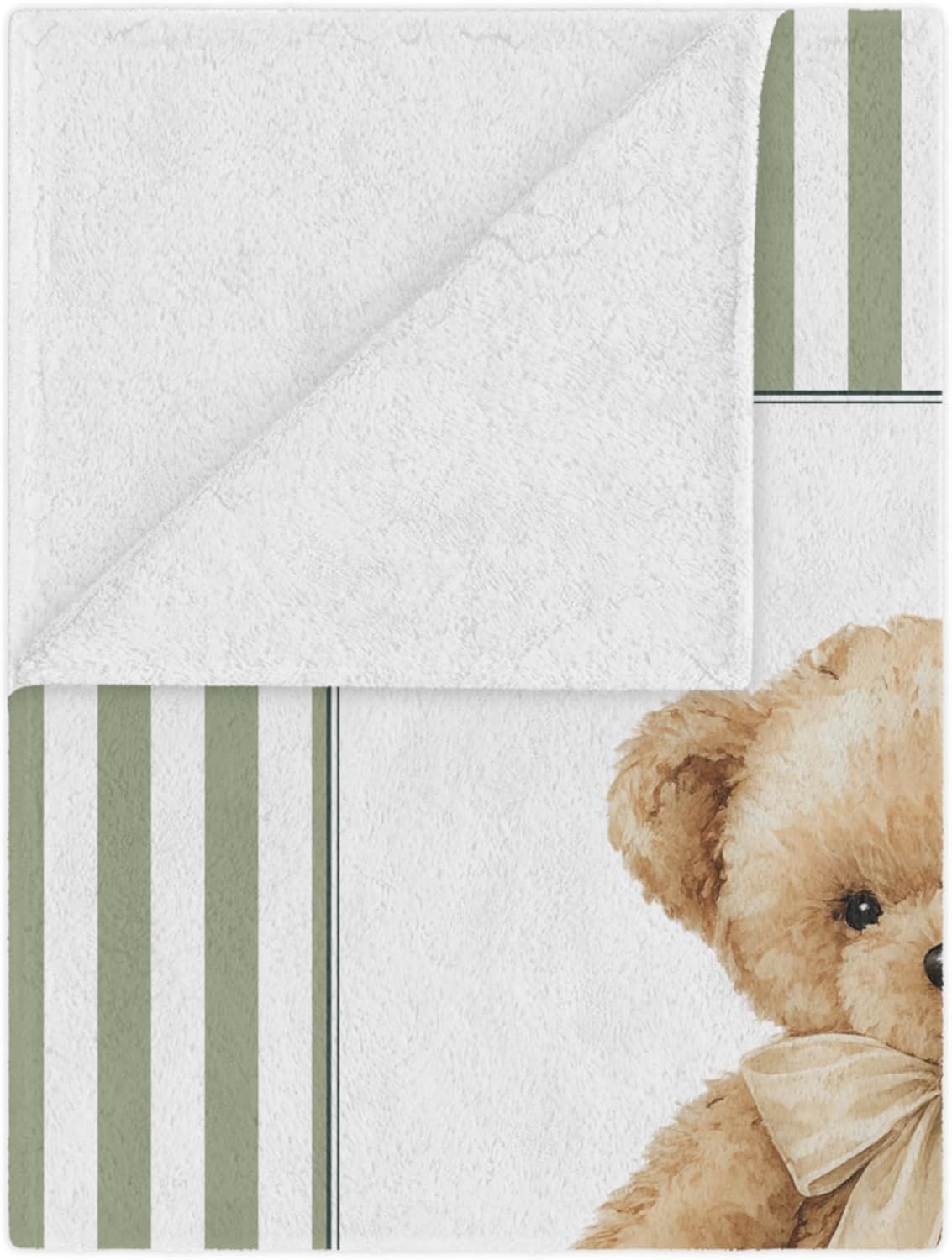 Custom Teddy Bear Baby Blanket with Name – Neutral Bear Nursery Decor, Soft Minky Sage Green Newborn Blanket, Plush Striped Toddler Blanket, for Boy (50"x60")