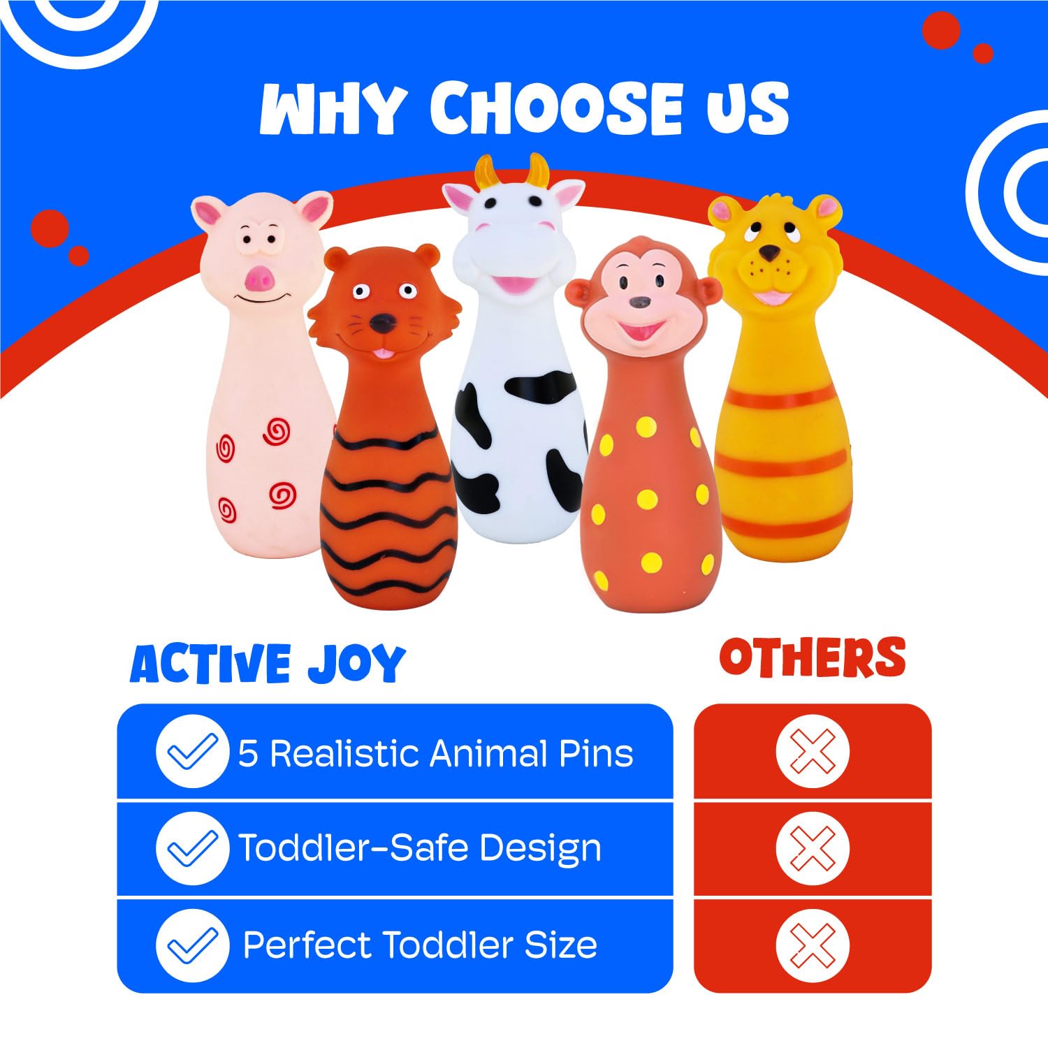 ActiveJoy - Toddler Bowling Set - Bowling Games for Kids Indoor - Real Animal Toy, 5 pins, 1 Ball for Family - 0-2 Years Old - Image 3