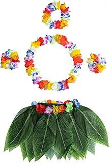 5PCS Hawaiian Leaf Hula Skirt Set with Flower Necklace, Garland, and Bracelet