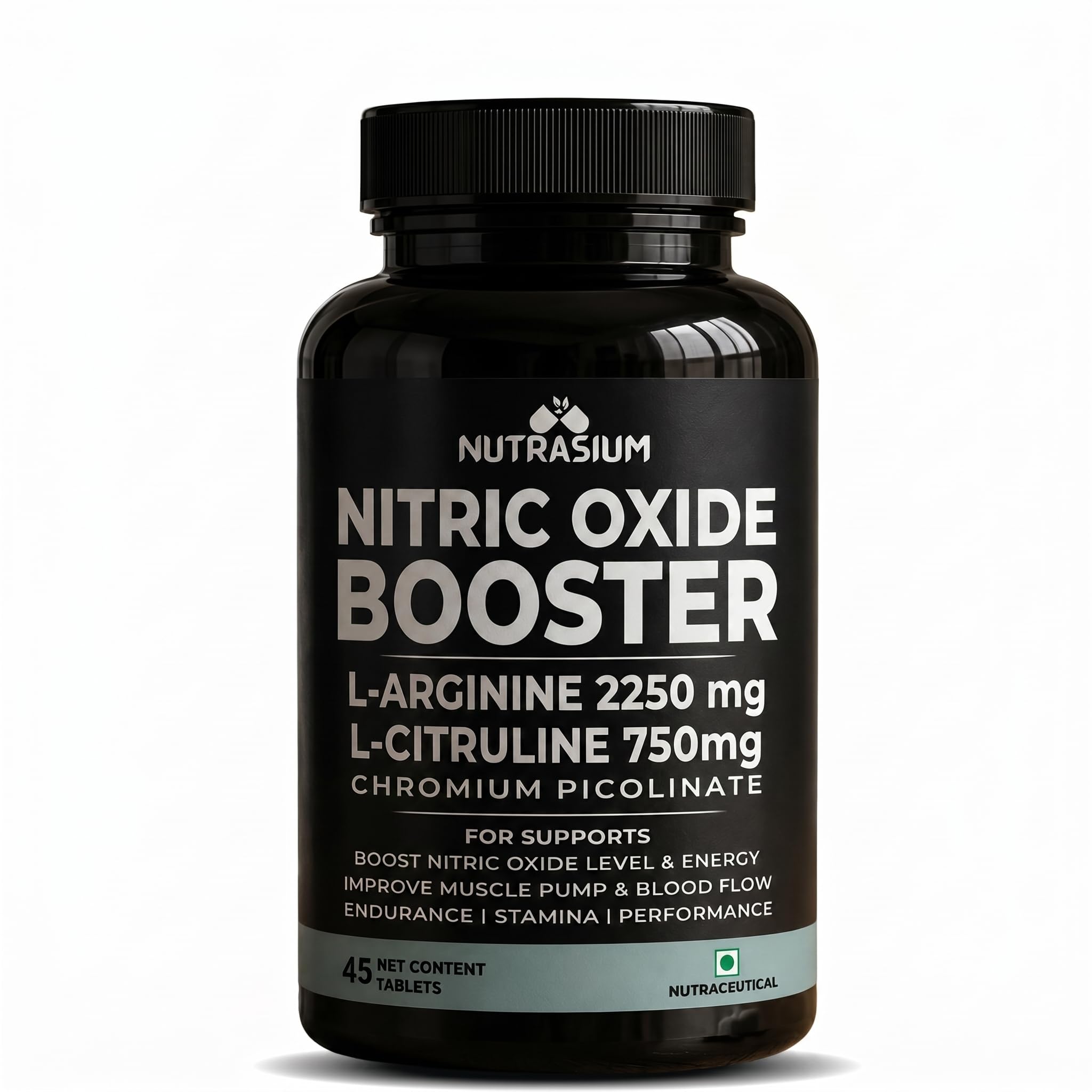 Nutrasium Nitric Oxide Supplement For Man | 2250 mg L-Arginine, 750 mg L-Citrulline with Chromium Picolinate For Supports Nitric Oxide Level, Improve Muscle Pump & Blood Flow, Boost Endurance, Stamina & Performance | 45 veg Tablets.