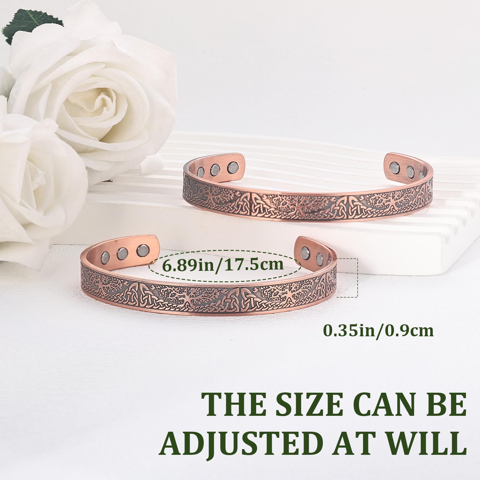MagEnergy Pulsera de cobre para hombre, vida del árbol, 99.9% de cobre, pulsera magnética ajustable, regalo de joyería