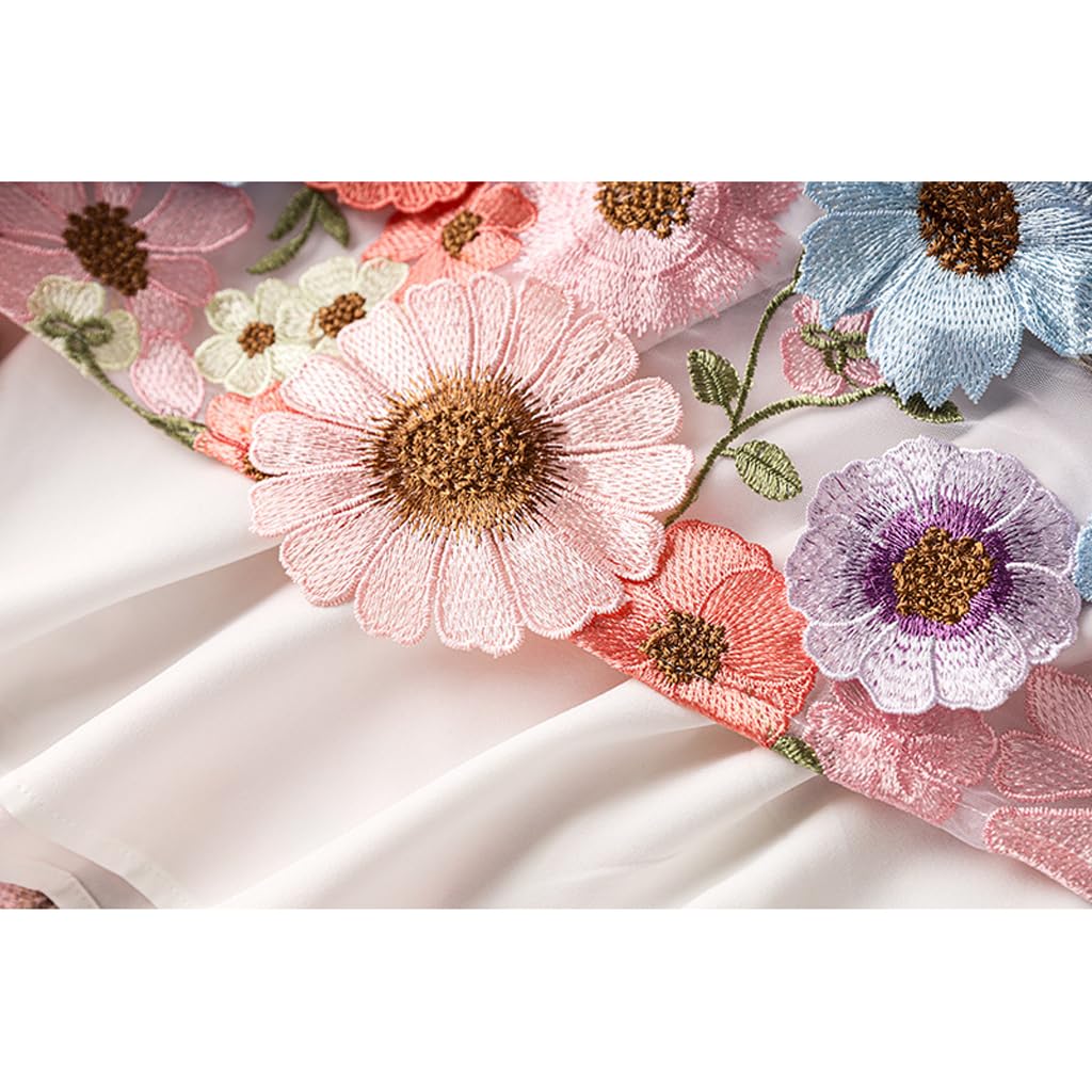 Damen-Midi-Tüllrock mit 3D-Blumenstickerei, Vintage-Stil, elastisch, hohe Taille, Stickerei, Sonnenblumen-Mesh, A-Linien-Rock