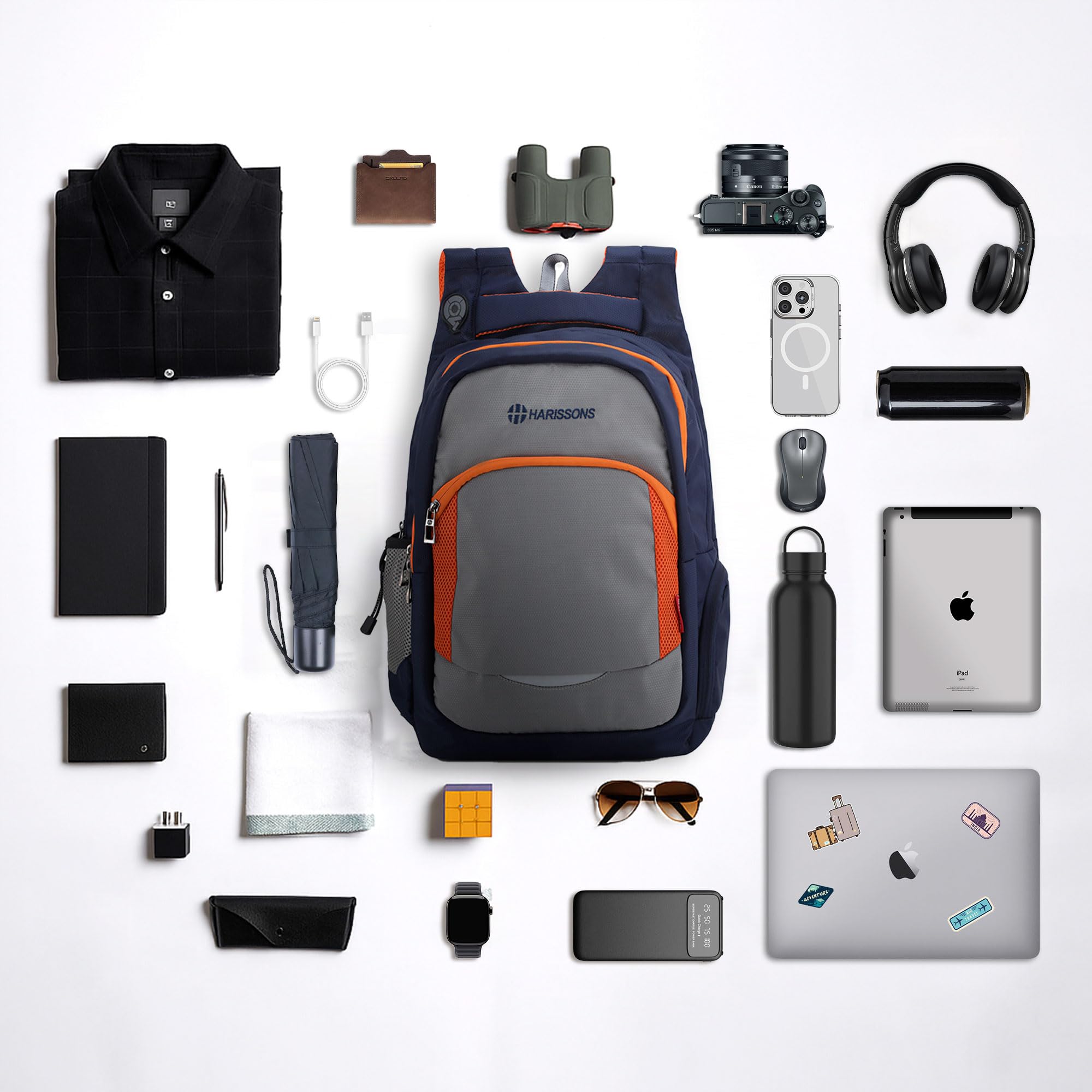 HARISSONS Xeno Travel Laptop Backpack | 40L | Fits 15.6" Laptop | Water-Resistant Dobby PU Polyester | USB Port, Rain Cover, Reflectors, Sternum Strap | Work, College & Commute (Blue & Orange) 4