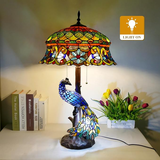 VirtueKing Tiffany Style Table Lamp Peacock Flower Style Handmade Stained Glass Lamp 18 Inch Wide 31 Inch Tall Vintage Desk Light Large Table Lamp for Bedroom Living Room Home Office Decoration photo 3