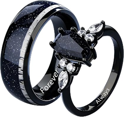 Personalized Promise Rings for Couples, Black Matching Rings, Engraved Kite Cut Shaped Blue Sandstone Ring, Custom Matching Couple Rings Set, His and Her Engagement Ring for Couples