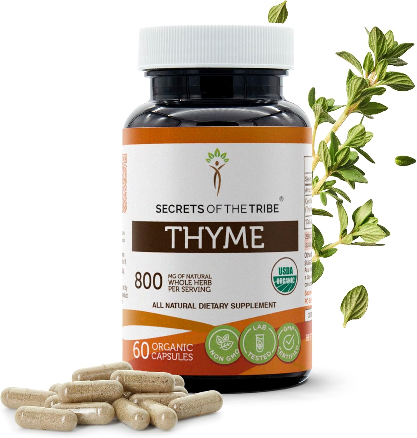 Secrets of the Tribe Thyme 60 Capsules, 800 mg, USDA Organic Thyme (Thymus Vulgaris) Dried Leaf (60 Capsules)