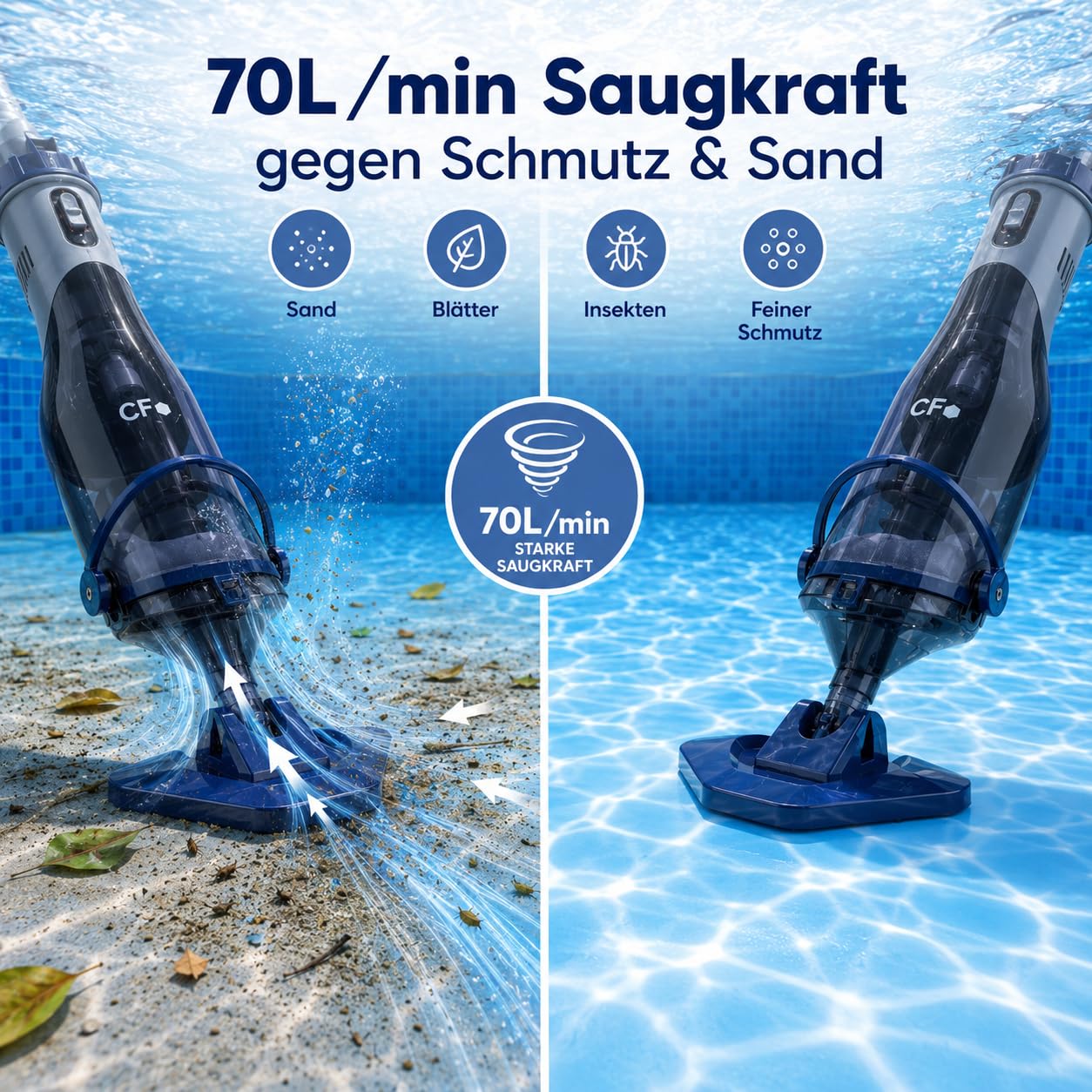 poolomio Poolsauger Akku kabellos Teleskopstange 70 L/min Whirlpool & Pool