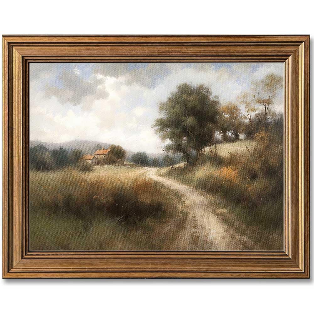 Yeechine Framed Vintage Wall Art Classical Oil Painting Country Road Canvas Print Kitchen Living Room Farmhouse Wall Decor (Rural Trail, 12''x16'')