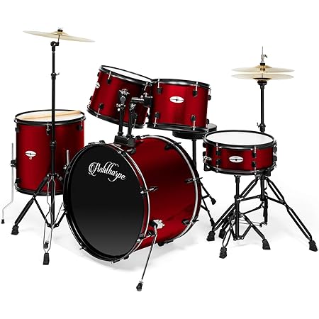 Ashthorpe 5-Piece Complete Full Size Adult Drum Set with Remo Batter Heads - Red