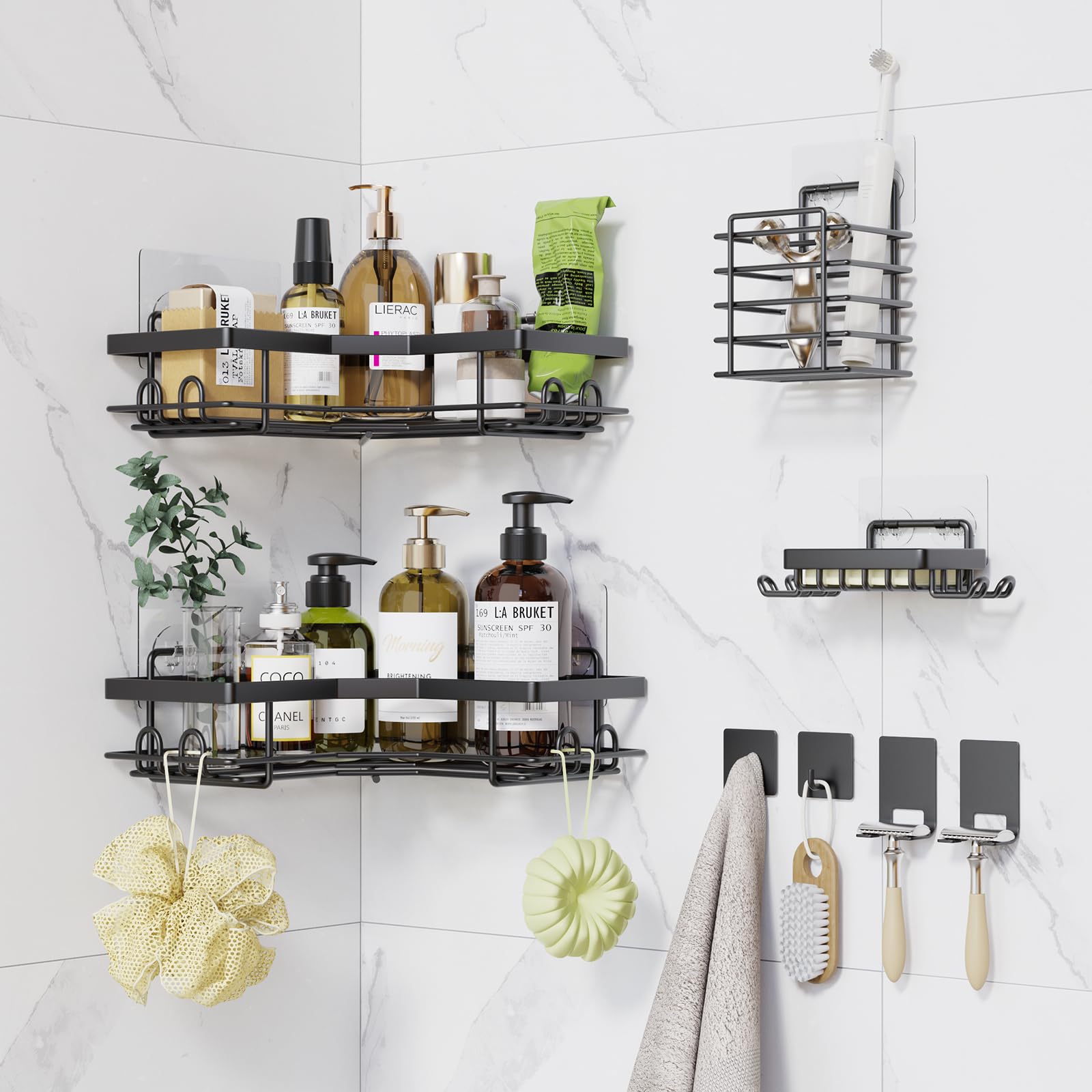 Organizador de ducha esquinero, paquete de 5 accesorios adhesivos de baño con soporte para jabón, estante organizador de ducha de acero inoxidable con 8 ganchos para baño