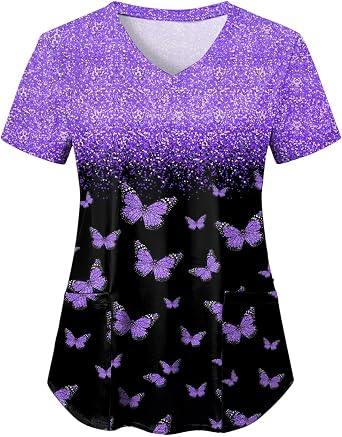 Womens Scrub Tops Floral Print Stretchy Scrubs with Pockets Nurse Uniform Comfortable Workwear