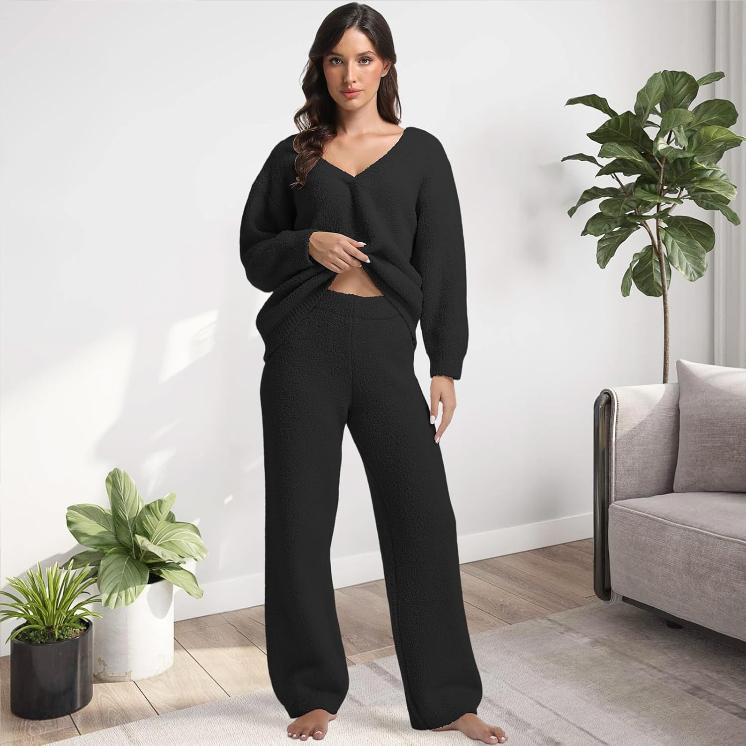 2 Piece Fleece Pajamas for Women Sets V-Neck Outfits Sweater Womens Long Sleeve Fuzzy Loungewear Pajama Set - Image 5