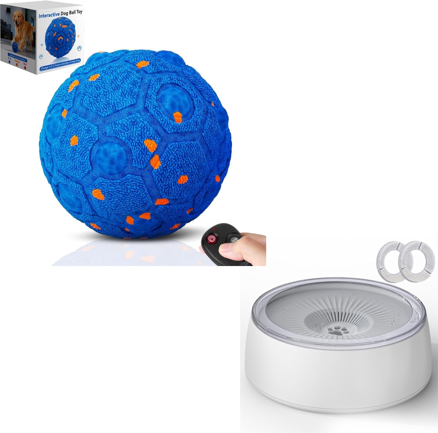 Newget Interactive Dog Toy Ball with Remote，3L Dog Water Bowl 101oz No Spill Slow Drinking Pet Water Bowls with Filter & Slow Feeder Mat