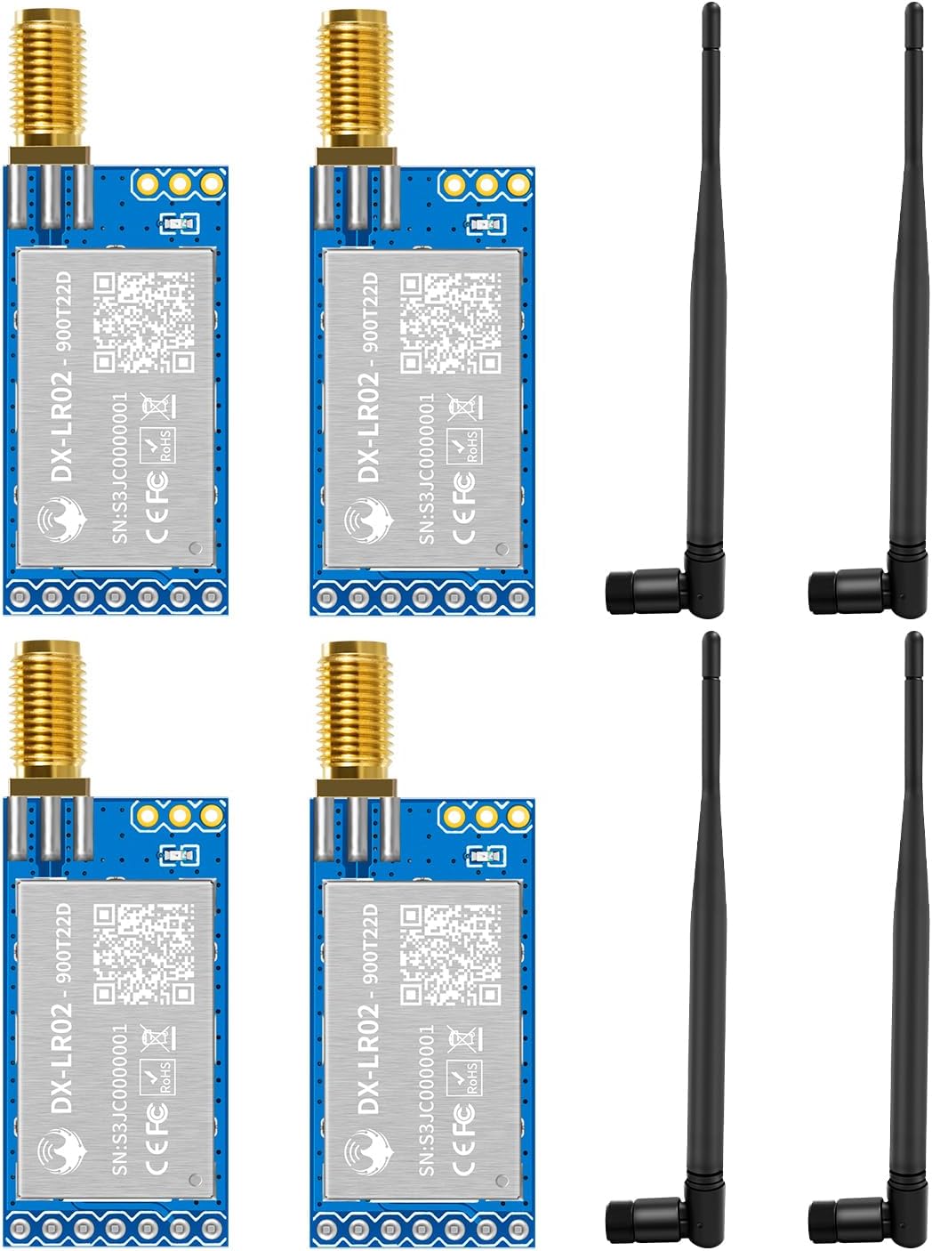 4PCS DX-LR02 with 4PCS SMA Antenna LORA UART Serial Transceiver Module 868915MHz AT Conmand 22 dBm 5KM Long Rang ASR6601 Main Chip Compatible with Arduino CEFCC Certification(LR02-ANT 868 915MHz)