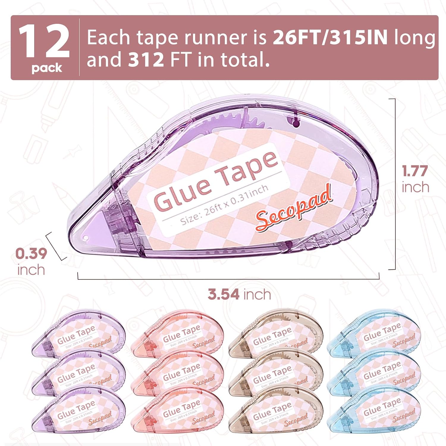 Secopad Scrapbook Tape, Glue Tape for Crafts, 12 Pack, Light-Colored Shell
