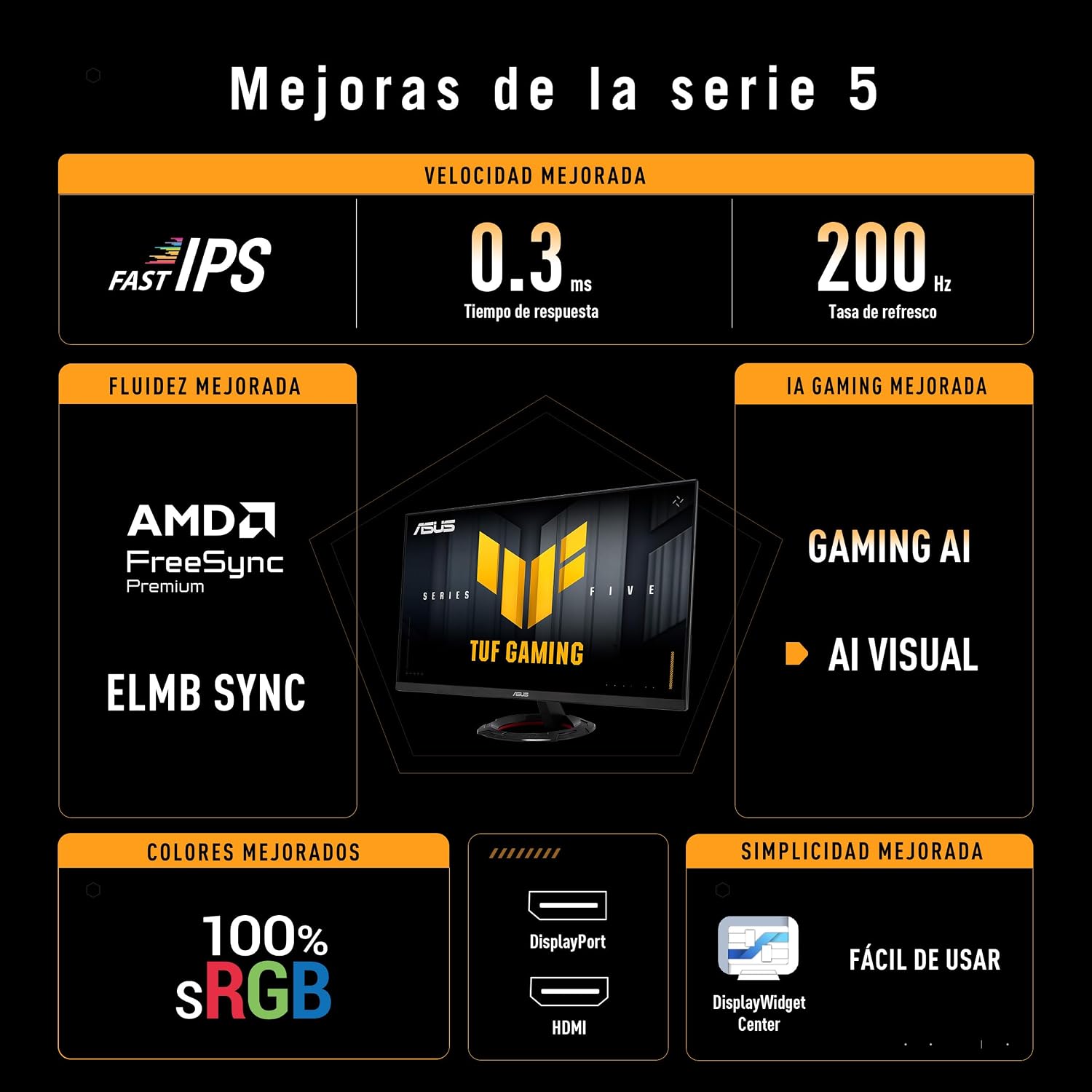 ASUS TUF Gaming VG249Q5R Monitor de 23,8 Pulgadas, Full HD (1920 x 1080), 200 Hz, Fast IPS, ELMB, 0.3 ms GTG (mín), Altavoz estéreo, DisplayWidget Center, AI Visual 4