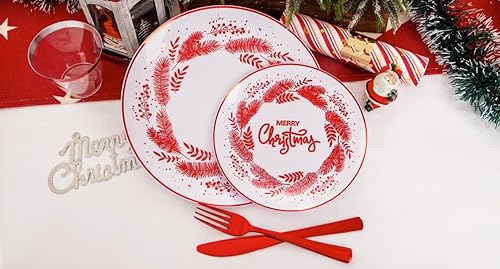 Miniatura 7 de Morejoy 175 platos de plástico de Navidad, platos de Navidad blancos y rojos desechables incluyen 25 platos de cena, 25 platos de ensalada, 25