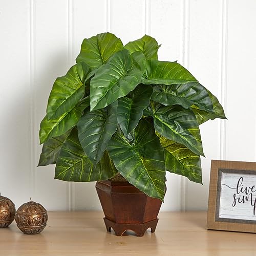 Miniatura 3 de Nearly Natural 6669 Taro - Planta decorativa de seda con jarrón, color verde, 17.5 x 10.125 x 10.125 pulgadas