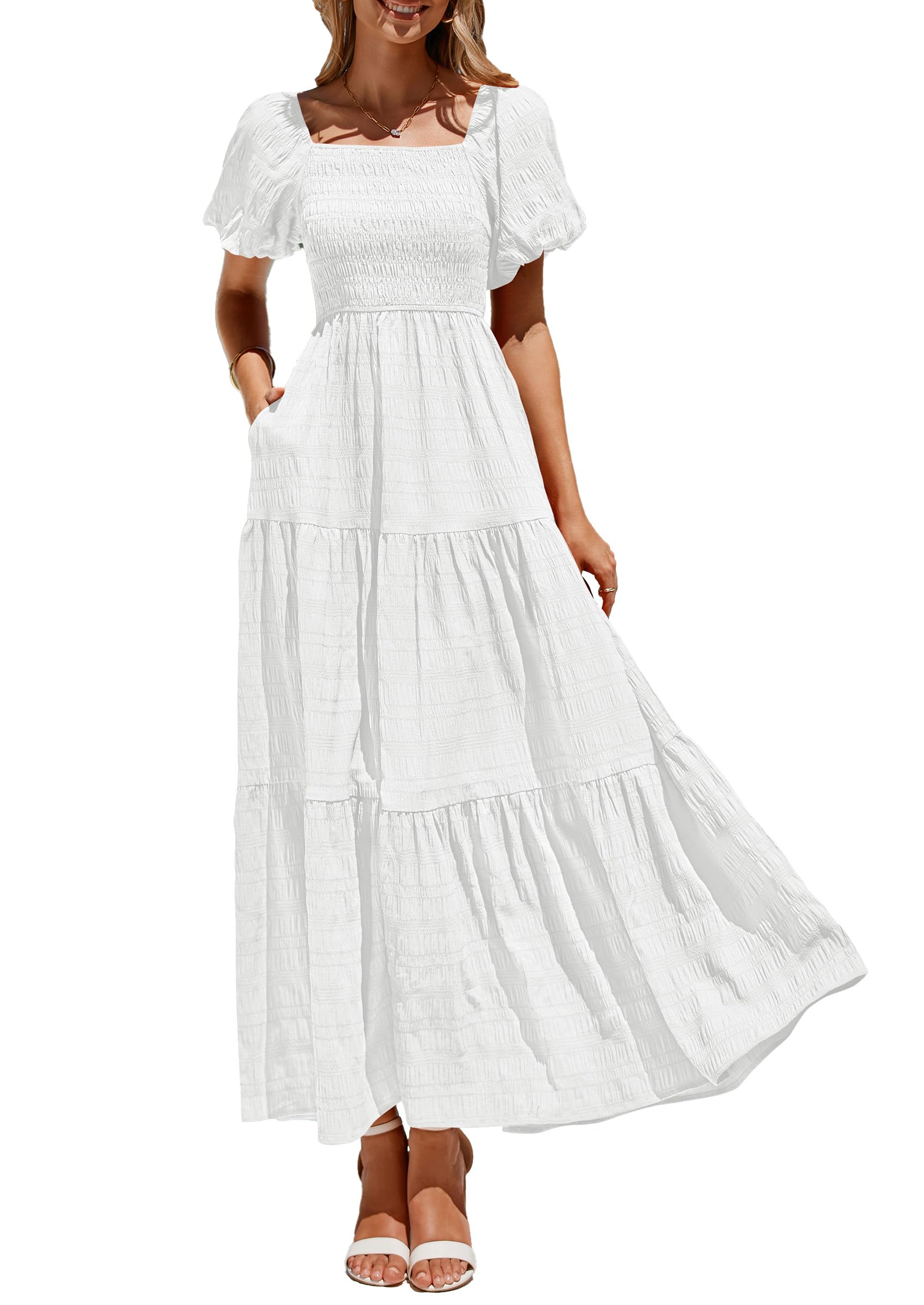 PRETTYGARDEN Womens Summer Puff Short Sleeve Maxi Dress Square Neck Smocked Tiered Ruffle A Line Long Flowy Beach Dresses