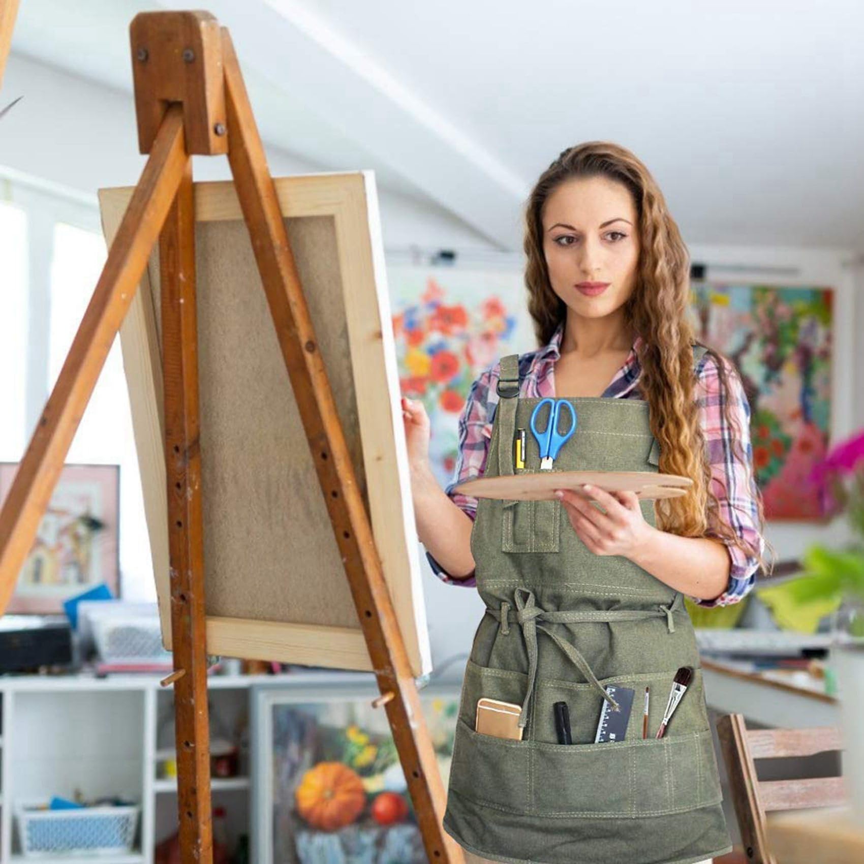 4X Tablier en Toile d'artiste avec Poches Tablier de Peinture Peintre RéGlable Sangle de Cou de Taille Jardinage Tabliers CiréS pour Femmes Adultes