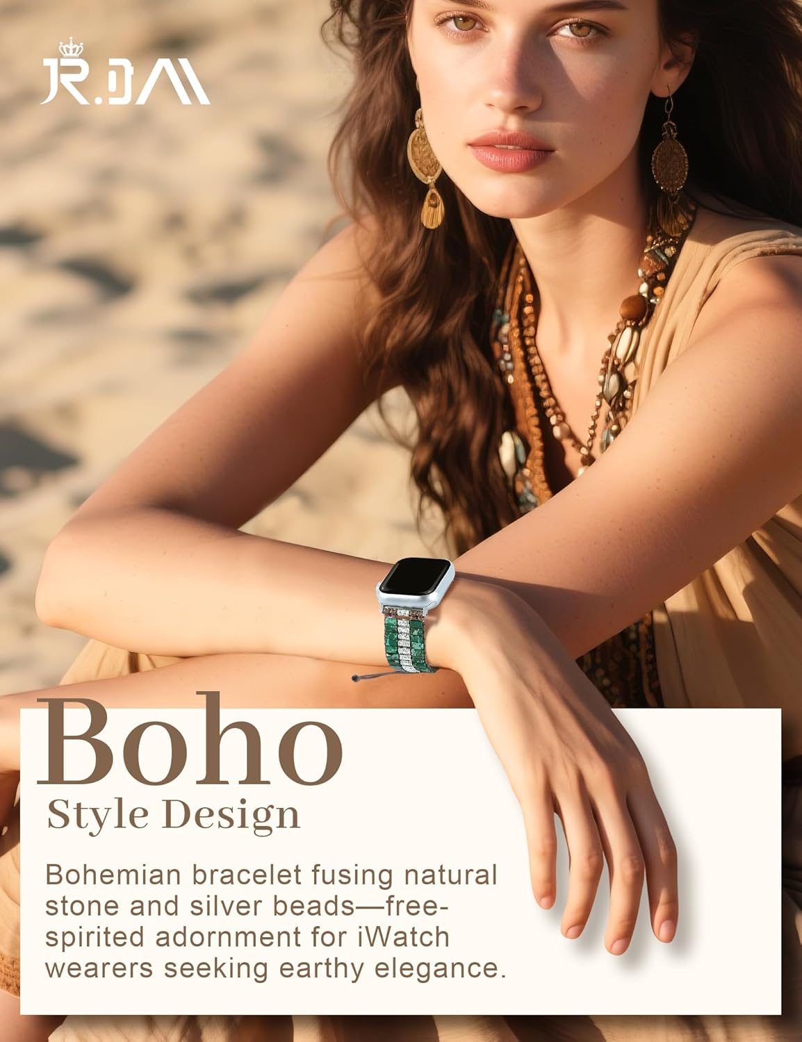 JR.DM Boho Beaded Natural Stone Bracelet for Women Compatible with Apple Watch Band 38/40/41/42/44/45/46/49mm, Handmade Braided Rope Strap for iWatch Series 10/9/8/7/6/5/4/3/2/1/SE, Deep Green - Image 2