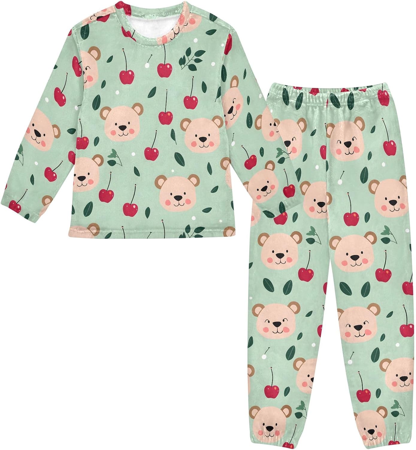 Kids Flannel Sets Bear Face Cherry Warm Plush Relaxed Clothing for Boys and Girls