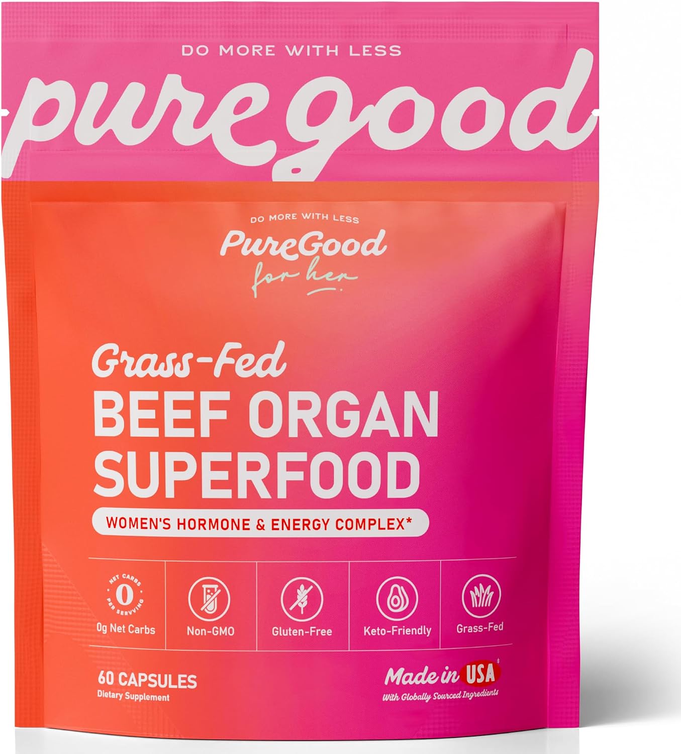 PureGood Primal Female Beef Organ Supplement for Women (60 Beef Organ Capsules) Grass Fed Liver, Heart, Kidney, Ovary – Hormone Balance & Energy Support – Non-GMO, Gluten, Hormone, and Pesticide Free