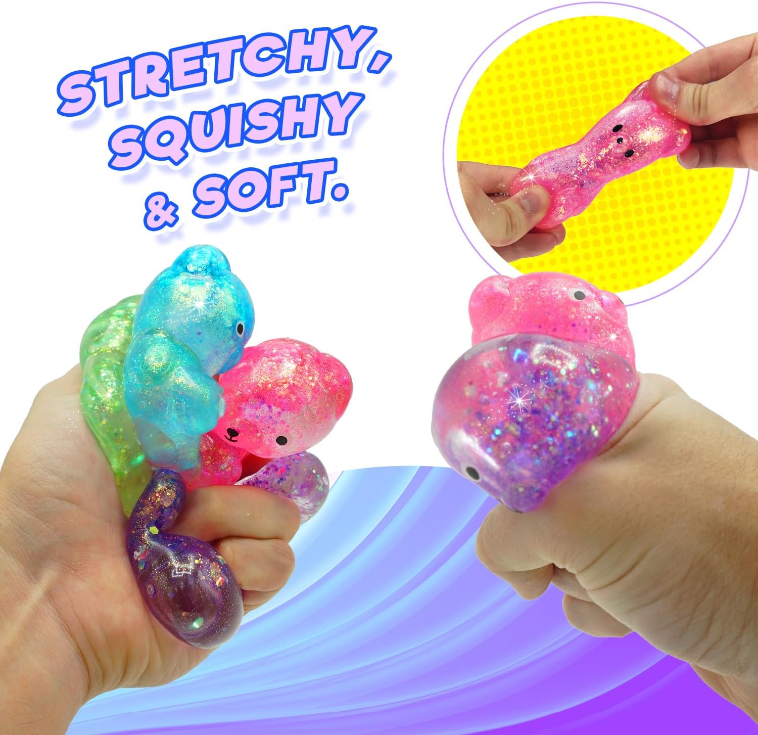 JA-RU Squeezy Bear (4 Packs with 2 Bears Each) Irresistible Soft & Squishy Glitter Filled Glitz Toy for Boys & Girls. Stretchy Ulti-Malt Squish Feel Party Favor Fidget for Kids, Teen & Adult. 4550-4