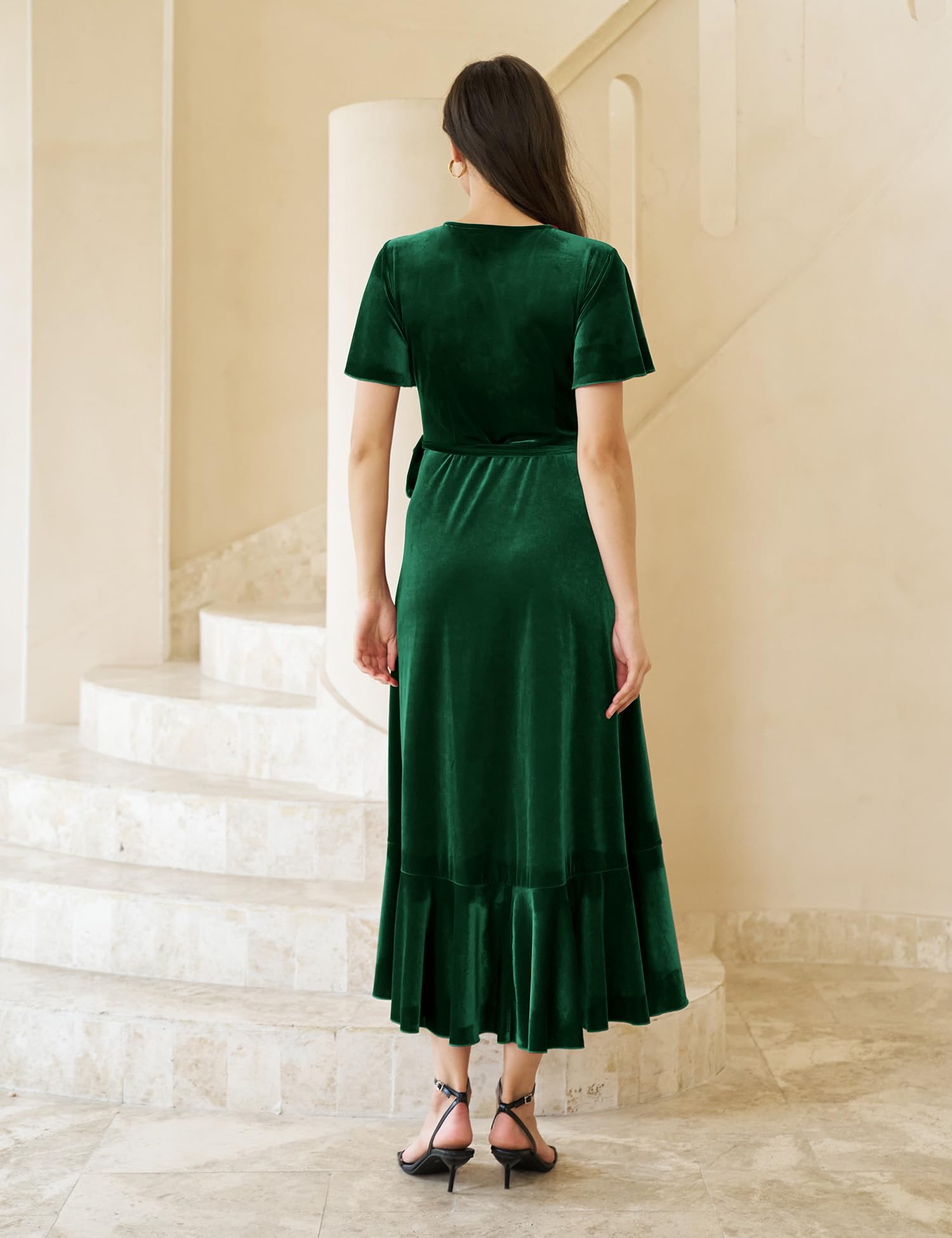 Olaesa Robe longue en velours pour femme avec col en V et poches pour invitées de mariage, automne, maternité