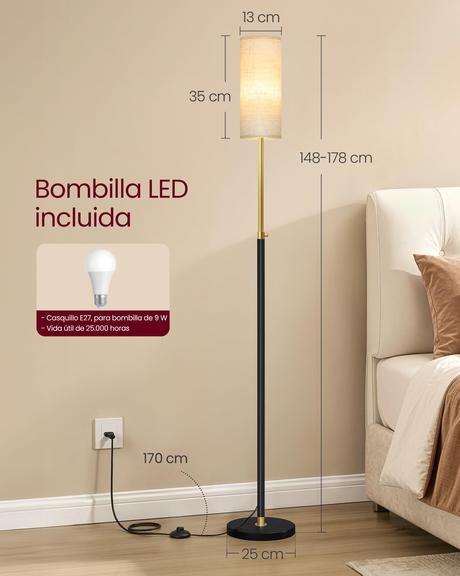 VASAGLE Lámpara de Pie, Lámpara de Lectura Regulable en Altura, 148-178 cm de Altura, Interruptor de Pedal, Pantalla Larga de Tela, Casquillo E27, Negro Tinta LFL022BD02