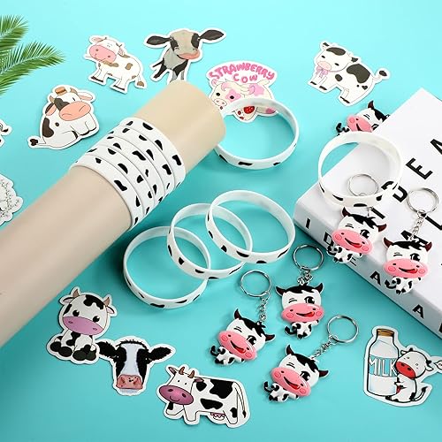 Miniatura 4 de 86 piezas de suministros de fiesta de vaca, bonitos llaveros de vaca con estampado de vaca, pulseras encantadoras con estampado de animales de vaca,