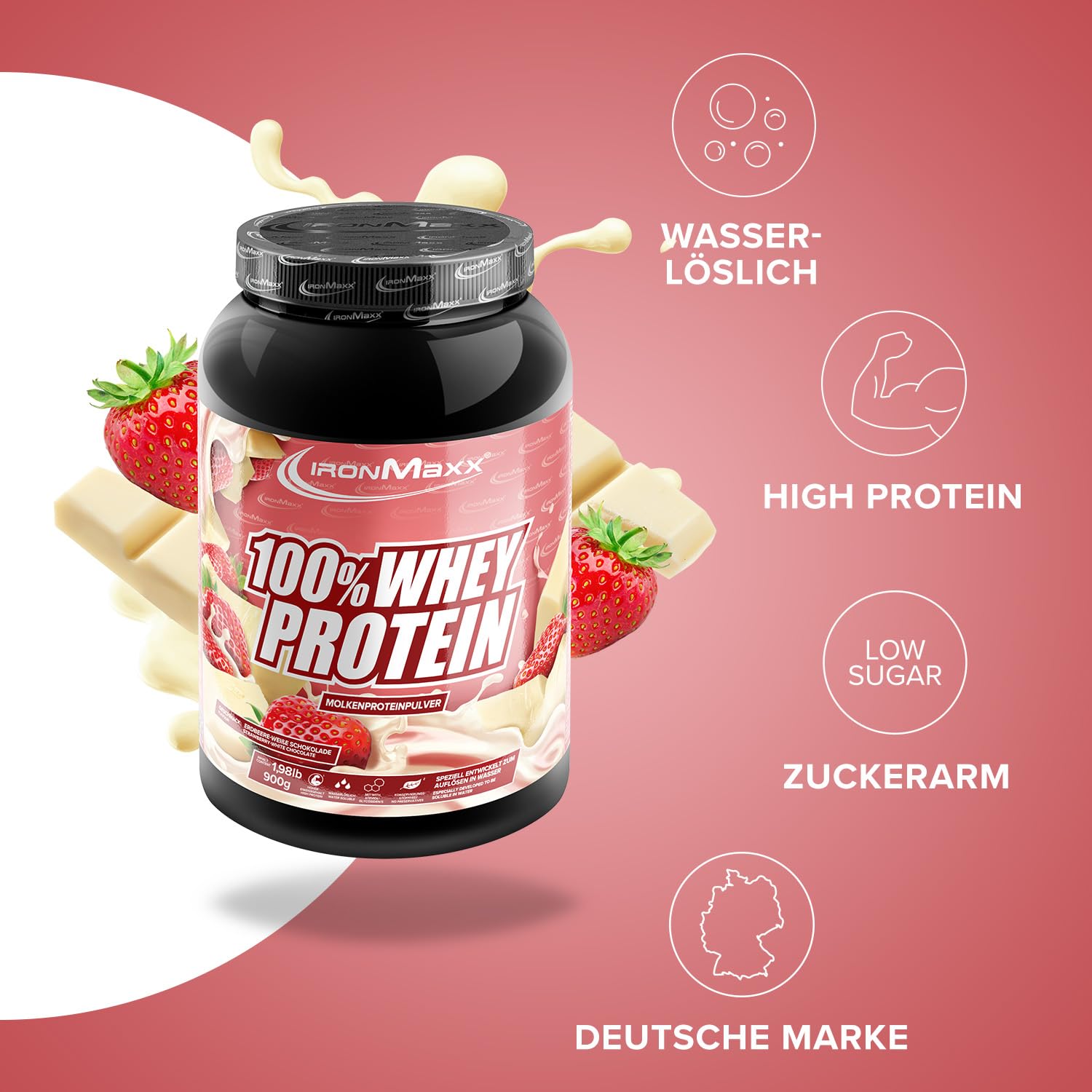 IronMaxx 100% Whey Protein Pulver 900g - Strawberry White Chocolate | Cremiger Eiweißshake mit BCAAs & EAAs | High Protein, Low Carb & zuckerarm | Ideal für Muskelaufbau & Fitness
