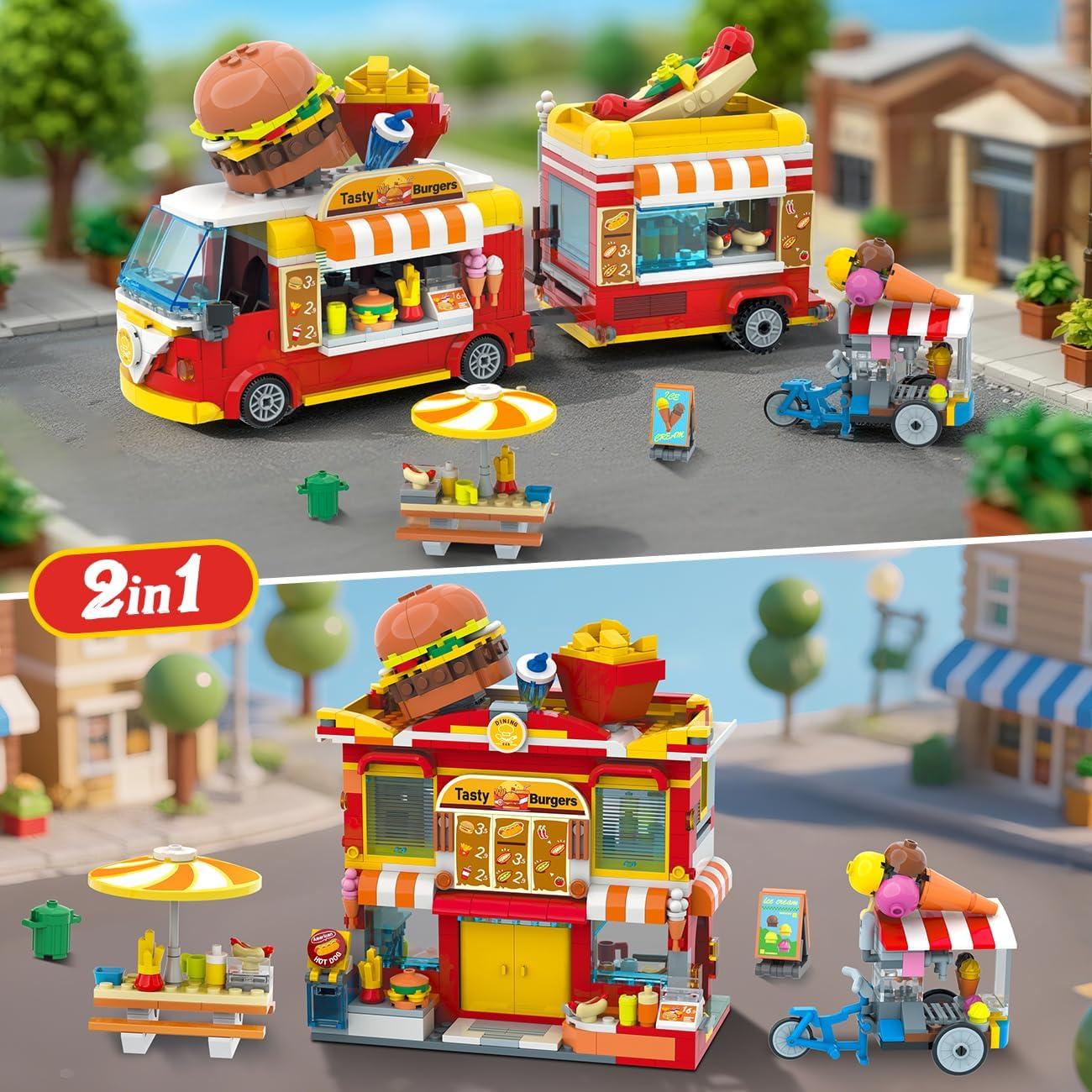 Children playing with the HOGOKIDS City Burger Truck House set in both truck and house forms