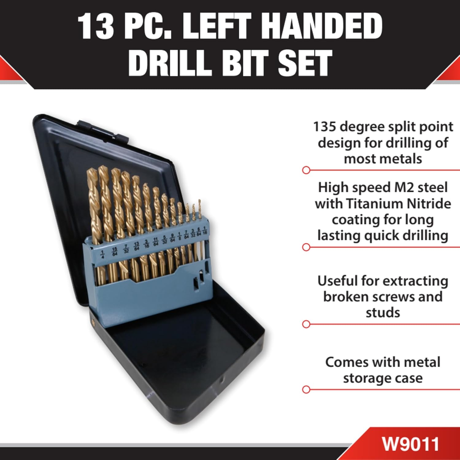 Performance Tool W9011 13pc Left Hand Drill Bit Set, With Titanium Nitride Coating SAE (1/16-Inch - 1/4-Inch)