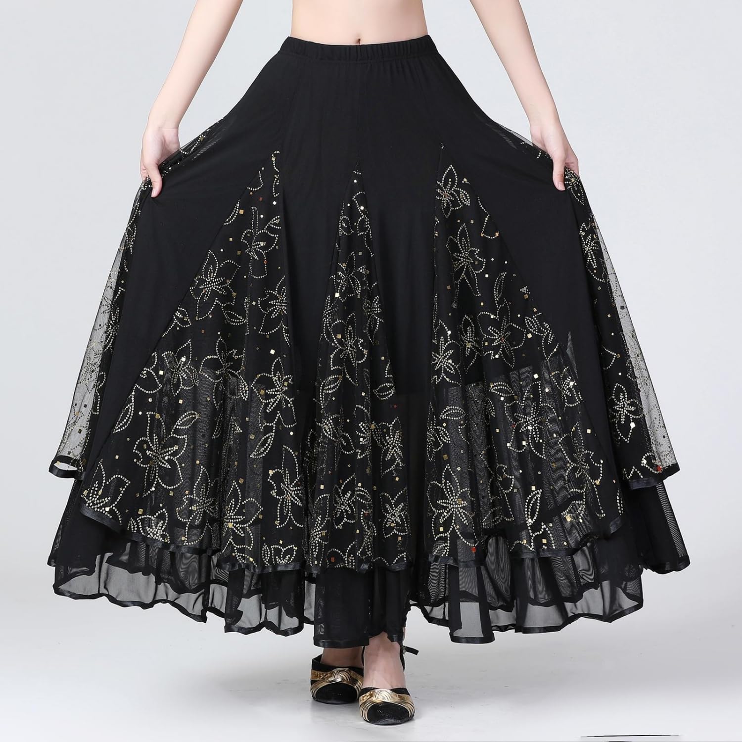 Eleganter, glitzernder Blumenrock, Ballsaal, Tanz, Latein-Tanz, Party, langer Swing-Rock, Vollkreis-Rock, Bauchtanzrock, Rüschenrock, Pailletten-Mesh-Rock, Walzer, Tango-Kleid für Damen