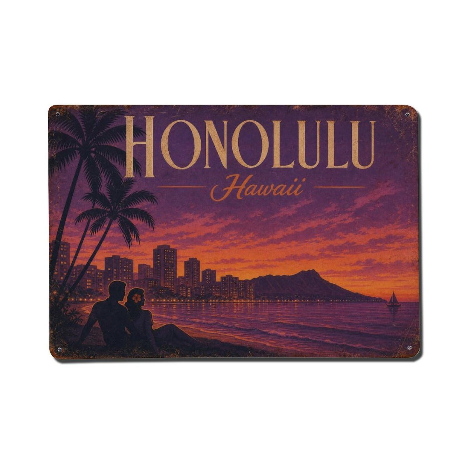Hawaii Honolulu Twilight Coast Island Travel Heritage Metal Tin Sign