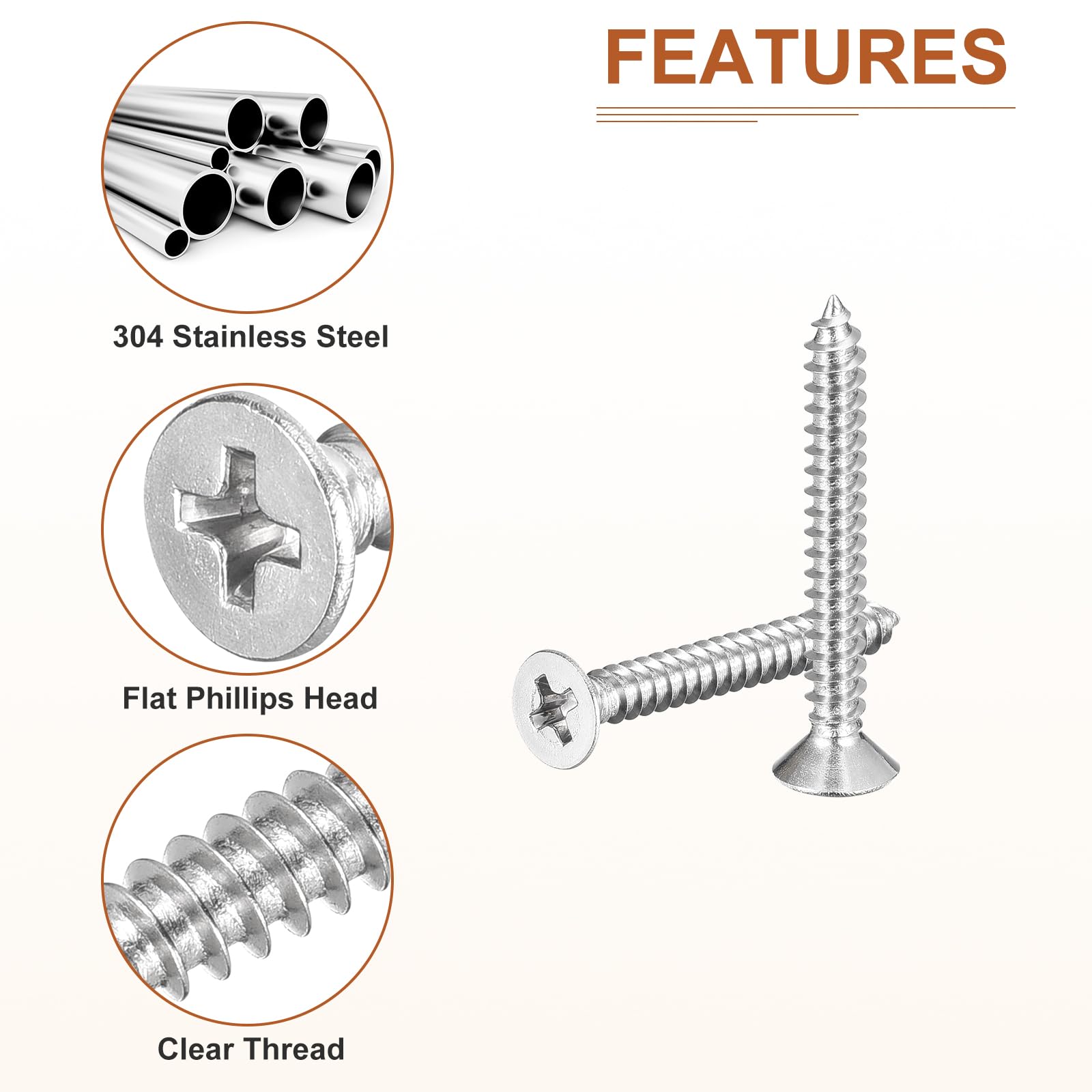 DTGN 100Pcs #6x1-3/16" Flat Head Wood Screws, 304 Stainless Steel Phillips Self Tapping Screws - Image 4