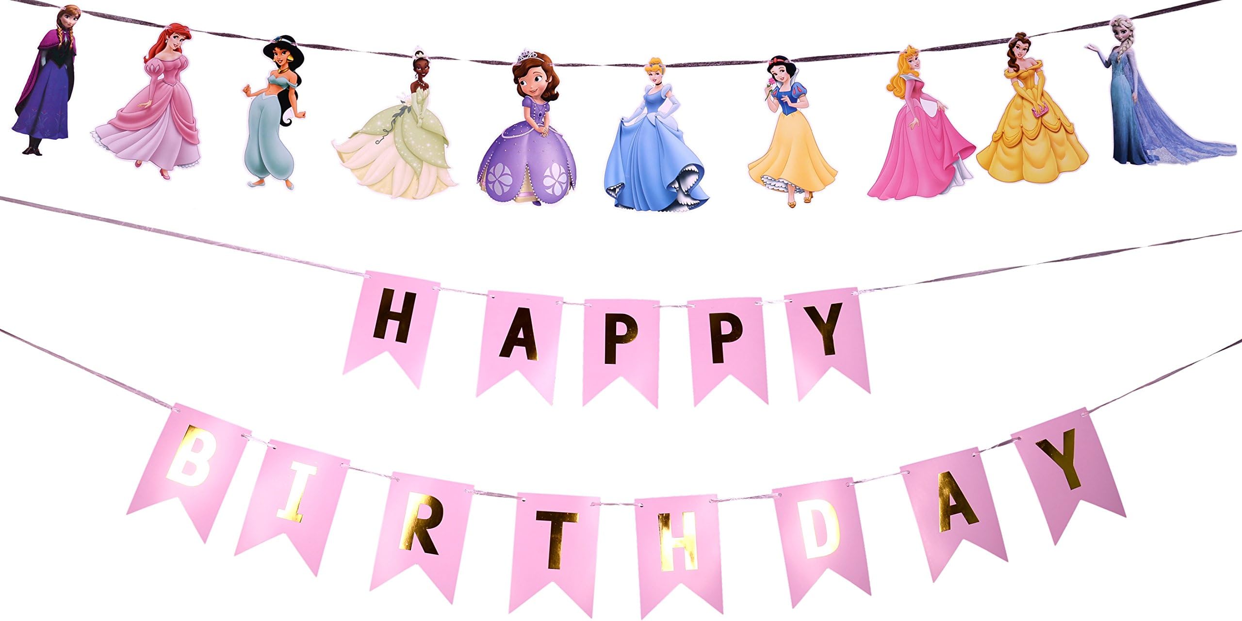 Sandbox Party Happy Birthday Banner Girls Combo (Pink & Golden HB + 10 Princess Banner)