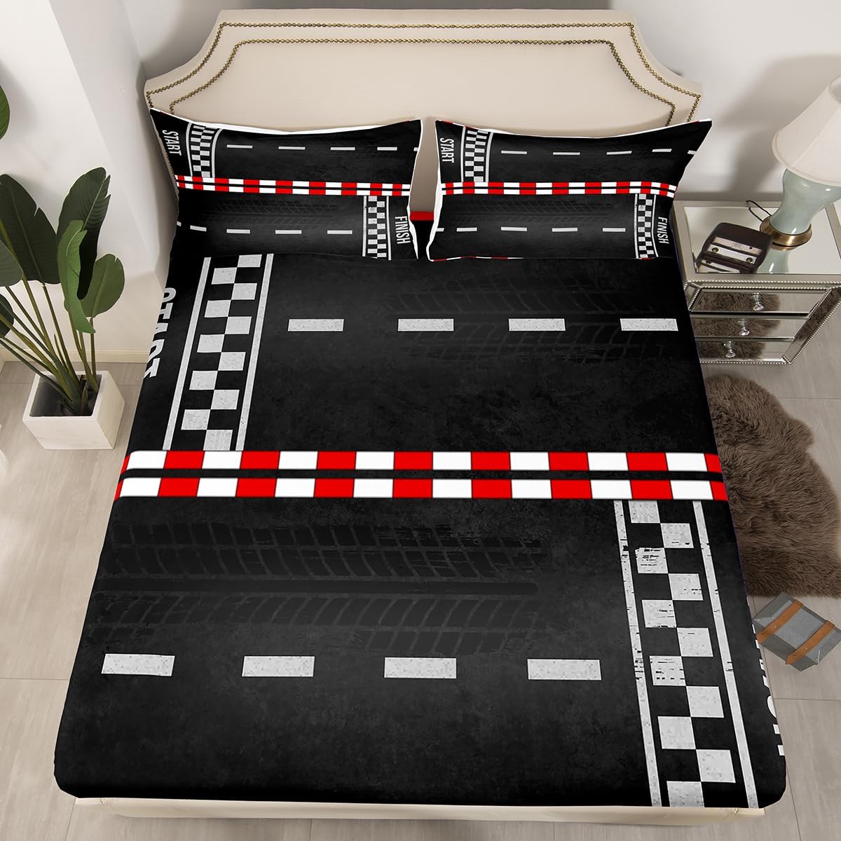 Race Car Track Bed Sheet Set Home Decor Racing Car Extreme Sports Sheet Sets Deep Pocket,Checkered Flag Competition Mattress Cover,Twin Size with 1 Pillowcase