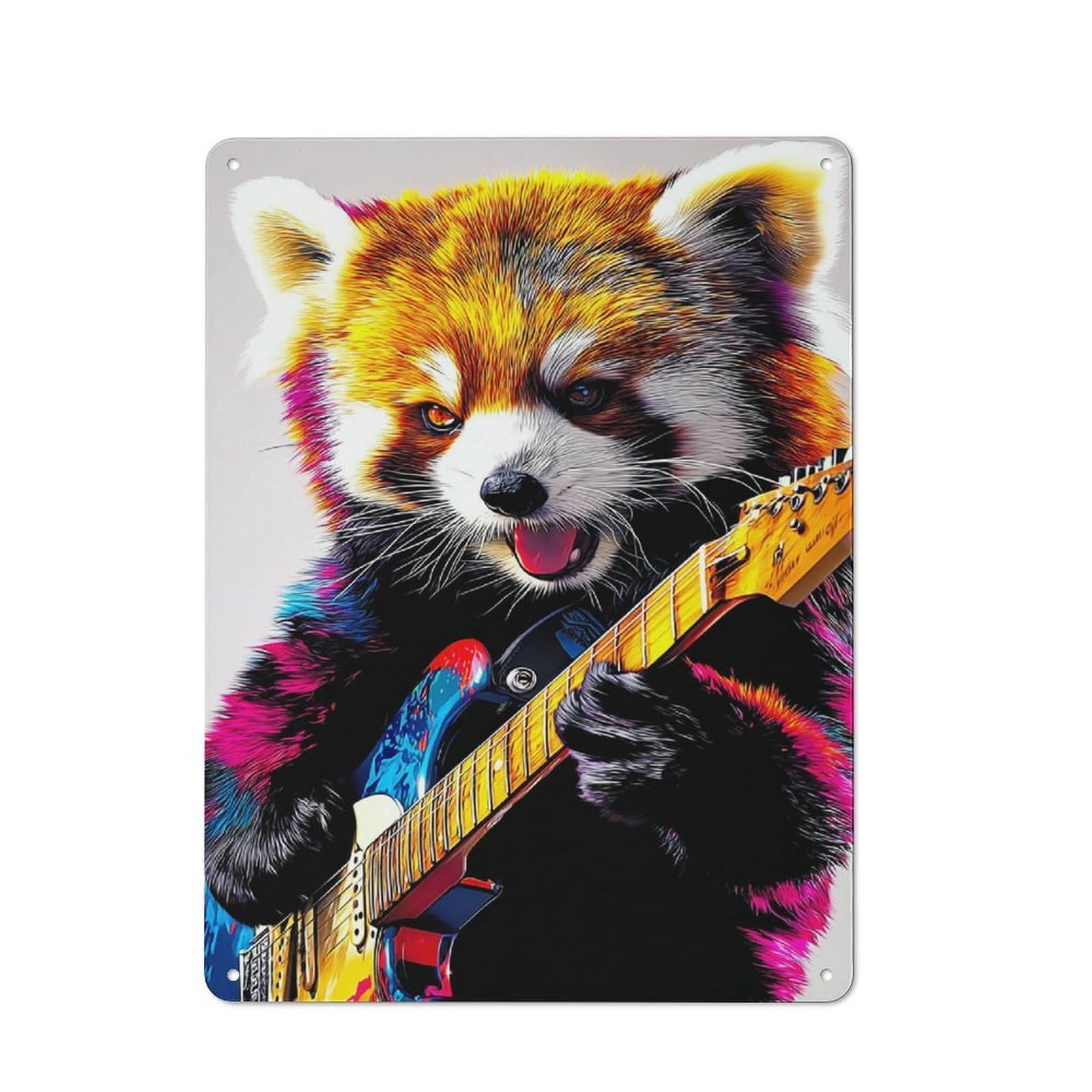 Junmoney Colorful Red Panda Playing Guitar -1 Metal Wall Sign 40X30cm Featuring For Garage Wall, A Housewarming Gift For People Furnishing A Garage