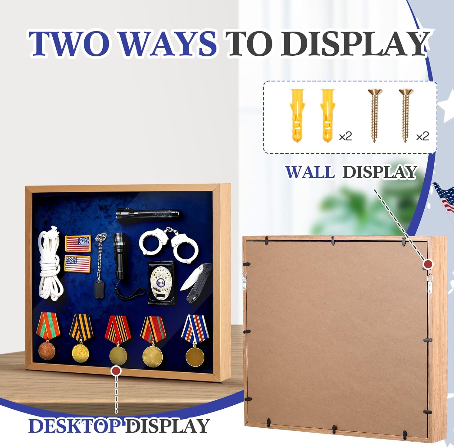 Military Law Enforcement Memorabilia Shadow Box 20"x18" Police Badge Solid Wood Display Case Awards Medals Wall Mount Case with Blue Embossed Velvet for Police Sheriff
