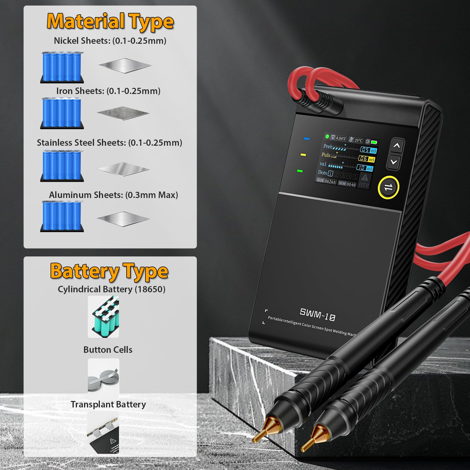 Punktschweißgerät für Akkus, 5000mAh Tragbares Spot Welder mit 1200A Schweißstrom, Abnehmbarer Messing-Stiftkopf, 0,1-0,25mm Nickel/Eisen/Edelstahl/Aluminiumblech für DIY Akku-Pack