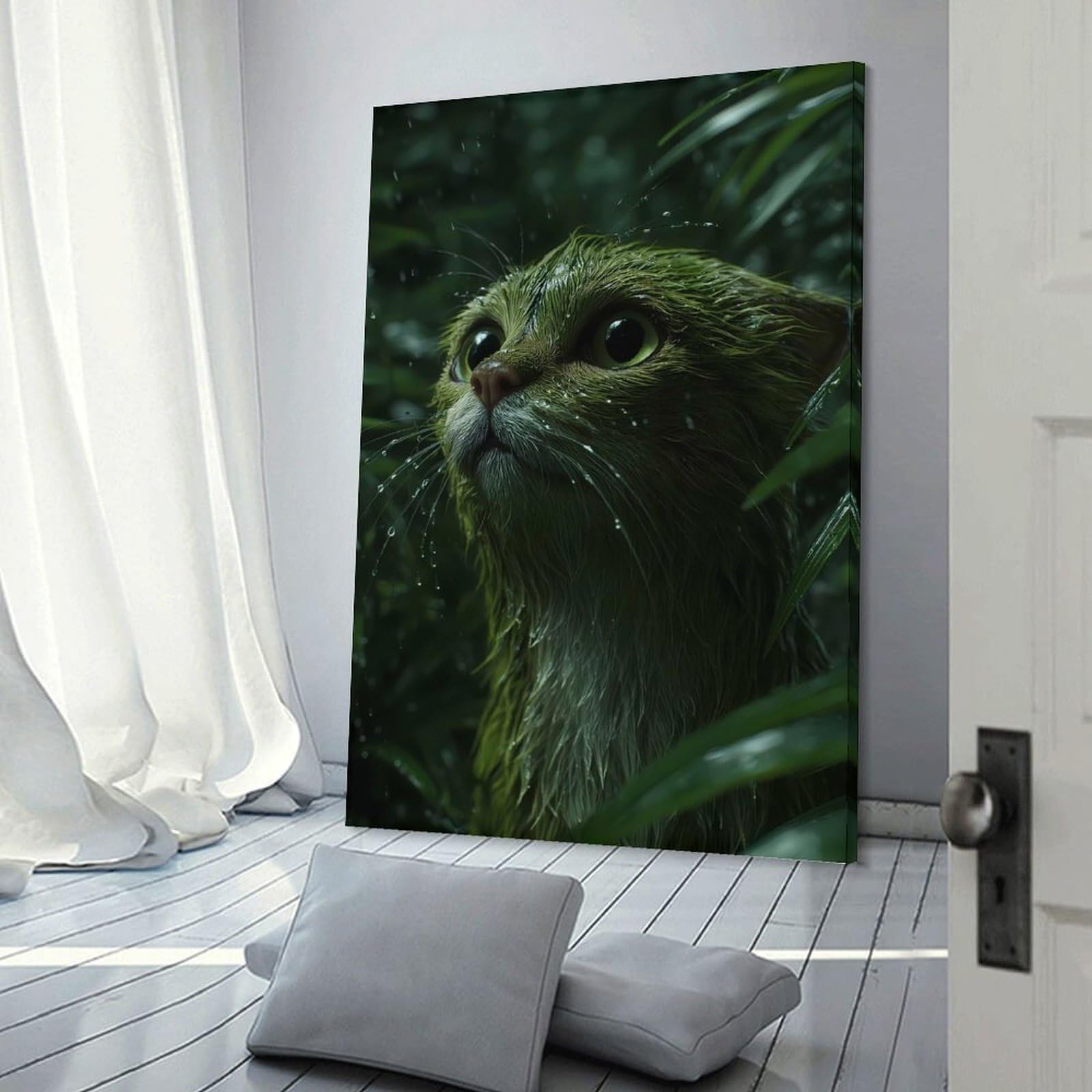 Junmoney Wall Decor Canvas Print Green Cat in The Rain, 20x30inch(50x75cm), for Study, Office Or Apartment Decor, Canvas Artwork with Gifting Potential