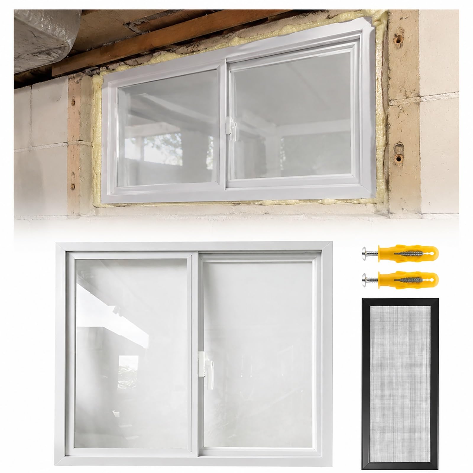 Basement Plastic-Steel Slider Window with Screen, Double Pane Tempered Glass for Shed, Bathroom, Garage, Replacement Sliding for Mobile Home(33"*20")