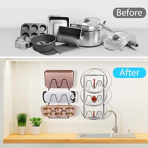 Miniatura 6 de Paquete de 2 estantes organizadores de tapas de ollas, soporte de tapas de olla de 6 niveles para montaje en pared de gabinetepuerta, sin necesidad