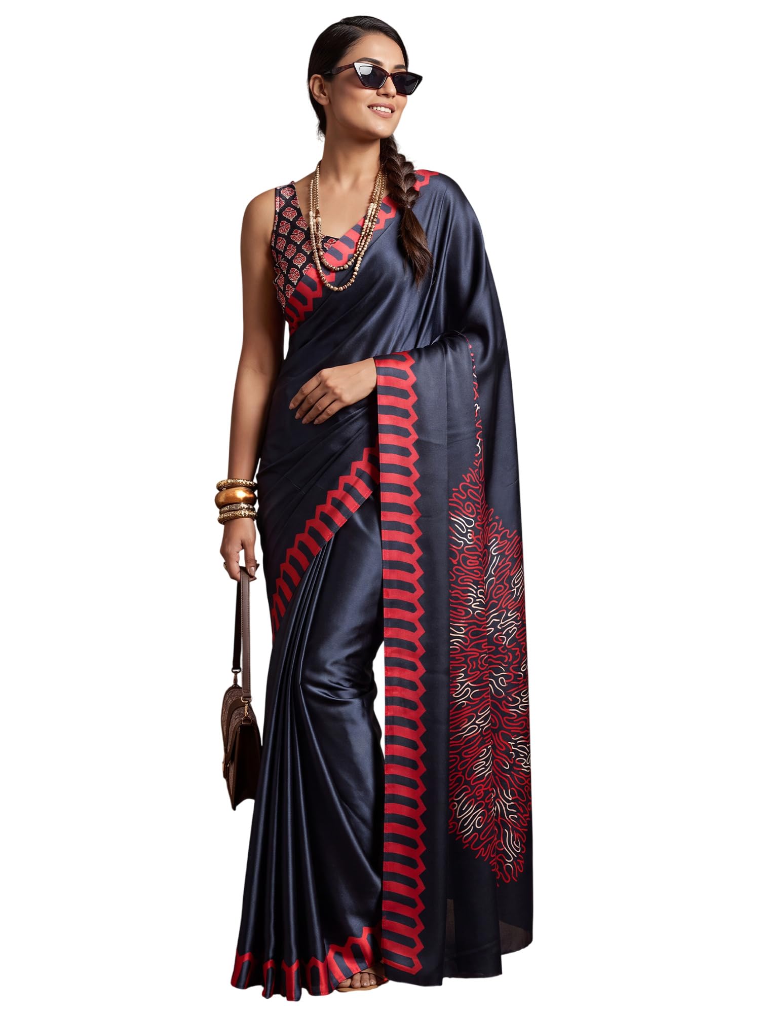 akhilam Women's Black Satin Abstract Print Saree With Unstitched Blouse Piece|Satin Saree|Satin Silk Saree For Woman (PURAJRKH006A_GT11)-picture-11
