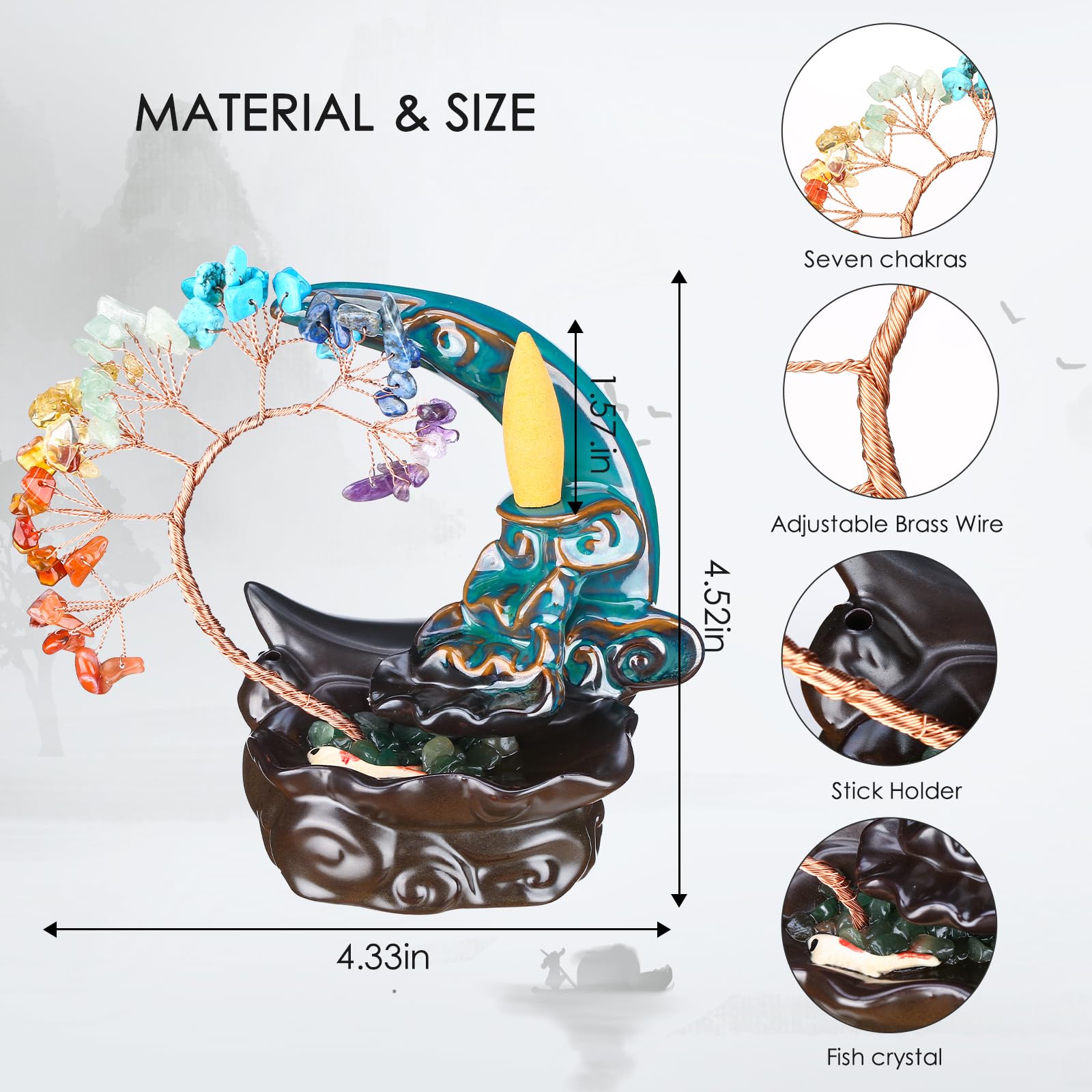 Incenso Cascata Luna riflusso Bruciatore di Incenso in Ceramica Portacandele Ametista Cristallo Albero Incenso Namaste Yoga Meditazione e Home Decor