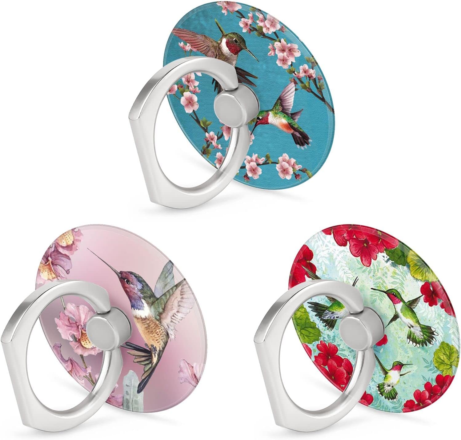 3 Pack Cell Phone Ring Holder Grip, Finger Ring Kickstand Stand for Phone and Case [360 Degree Rotation] [Pattern Hummingbirds Floral Flower] Ring Holder