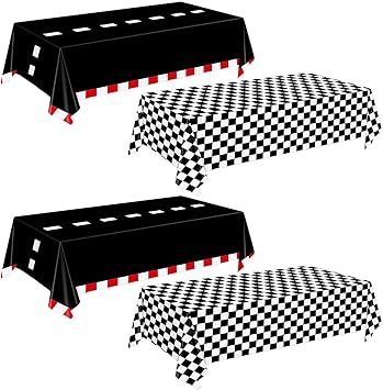 Oigco 4 Pack Racing Car Tablecloth - Race Car Birthday Party Decorations Racetrack Rectangular Tablecloth - Checkered Table Cover for Two Fast Birthday Decor, 54 x 108 Inch