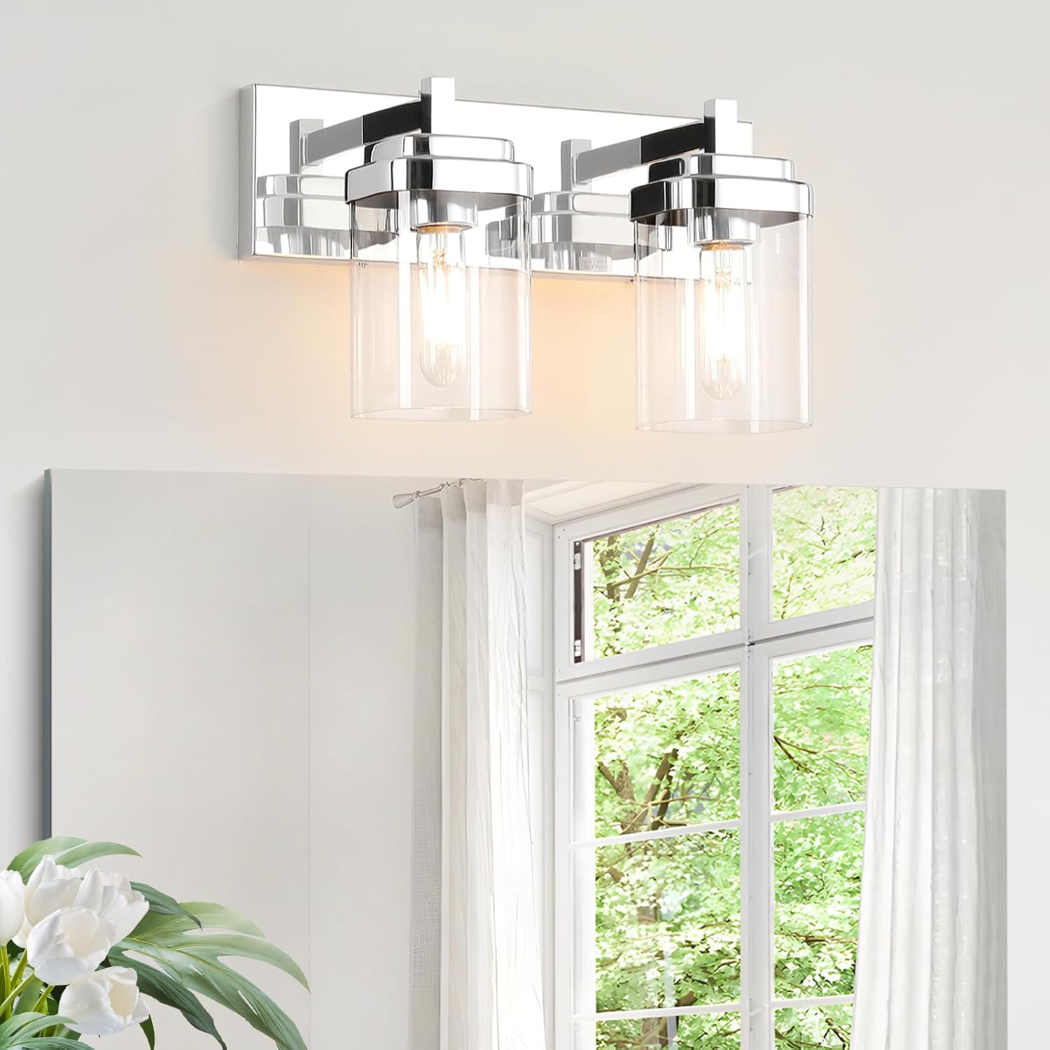 2-Light Vanity Light Fixture, Bathroom Wall Sconces, Bathroom Vanity Lighting Over Mirror | Square Clear Glass Shade | Bulbs Not Included | E26 Socket | Chrome